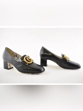 Gucci Victoire 55 Black Leather Double Logo Block Mid Heel Mule Loafer Pump